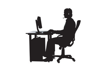 Silhouette of a person wearing headphones sitting at a desk and working on a computer with a desktop tower and monitor