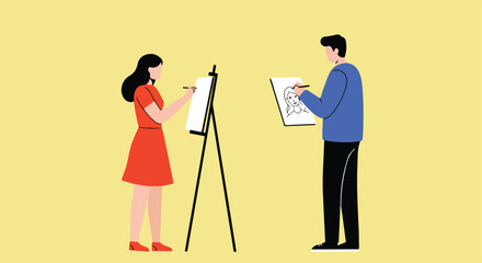 Two people draw on paper and canvas, on a pale yellow background, creating art
