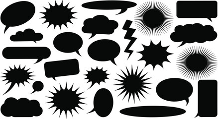 Comic speech bubble silhouette set, black text balloon icons, explosion shapes, lightning symbol, cartoon comic elements, vector illustration isolated