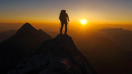 Silhouette of Hiker on Mountain Peak at Sunset