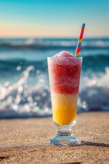 Frozen Cocktail with Colorful Straw on Beach with Sea in Background