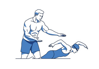 Illustrated swim coach guides athlete in water; a lesson is happening