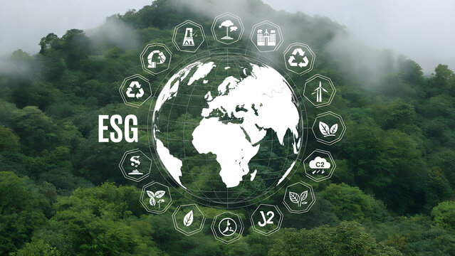 ESG concept with globe and eco icons over lush green landscape