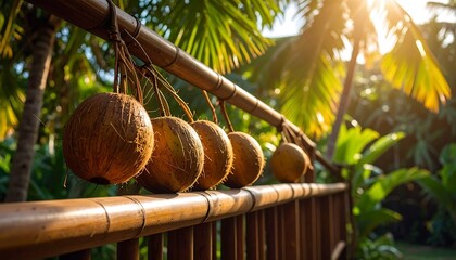 Coconuts hanging on bamboo
