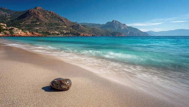 Picturesque beach scene with turquoise water, sandy shore, and rocky mountains
