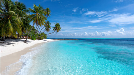 Fototapeta premium Serene beach scene featuring soft white sand, clear turquoise water, and lush palm trees swaying gently in breeze. vibrant blue sky enhances tranquil atmosphere, inviting relaxation