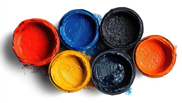Top-down view of paint cans, various colors, slightly overlapping, isolated on white