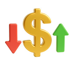 Obraz premium Financial Volatility Concept: 3D Gold Dollar Sign with Up and Down Arrows