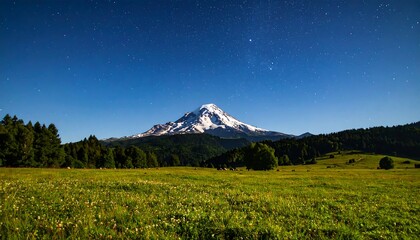 Fototapeta premium Night scene of a snow-capped mountain, seen from a grassy field under a starlit sky