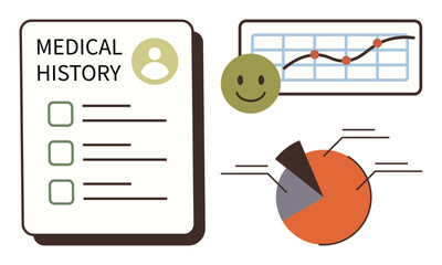 Medical history sheet, progress line graph, happy face, and pie chart. Ideal for healthcare, data analysis, progress tracking, patient care health management wellness and visualization. Simple