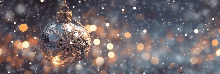Holiday ornament sparkling with snowflakes and bokeh effect, close-up - Powered by Adobe