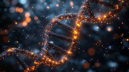 High-tech digital representation of genetic material with vibrant orange and blue colors