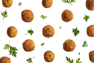 Round, golden-brown food items,  scattered on a black background,  surrounded by fresh green herbs