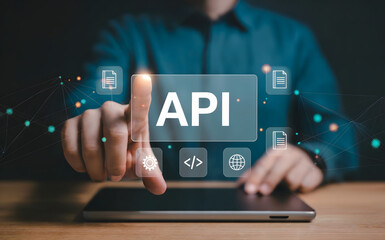API interface concept: Digital finger touches modern technology with data flow