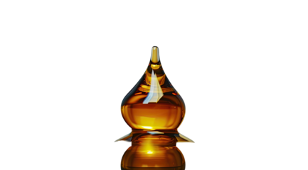 Amber glass flask, bulbous shape,  pointed top,  illuminated,  against black background