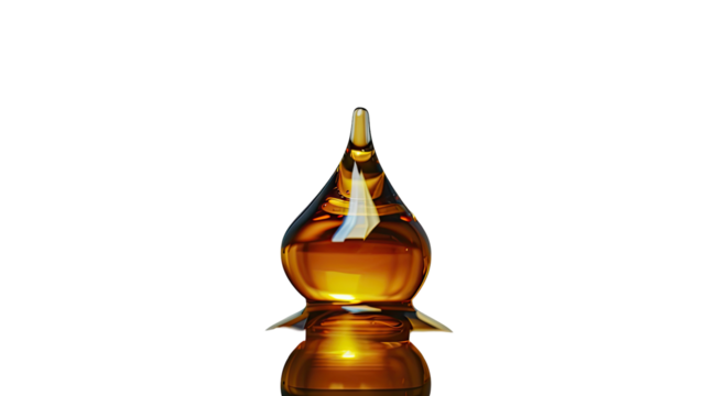 Amber glass flask, bulbous shape,  pointed top,  illuminated,  against black background
