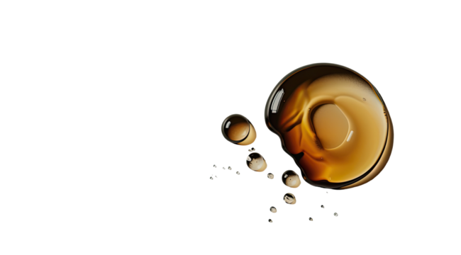 A dark, rich brown liquid droplet, with numerous small bubbles surrounding it.  A visual representation of liquid dynamics