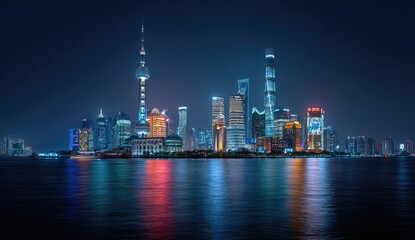 Night cityscape of a vibrant Asian metropolis, illuminated by colorful lights reflected in calm water