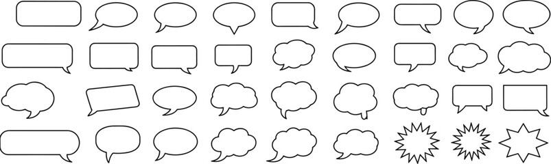 Outline speech bubbles, comic dialogue balloons, transparent conversation clouds, chat bubble icons, communication symbols vector, line art, talk shapes design