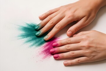 Naklejka premium Colorful powder paint art hands creative design vibrant pigments artistic expression abstract beauty fun diy project