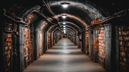 Fototapeta premium Long tunnel, brick walls, arched ceilings, dark, industrial
