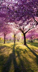 Lush springtime park with vibrant pink cherry blossoms, casting long shadows on a grassy area