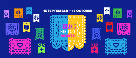 National Hispanic heritage month banner with girl, papel picado, guitar Hispanic and Latino Americans culture, event Celebrate annual october in United States Vector illustration template background