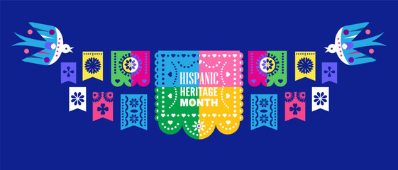 National Hispanic heritage month banner with girl, papel picado, guitar Hispanic and Latino Americans culture, event Celebrate annual october in United States Vector illustration template background