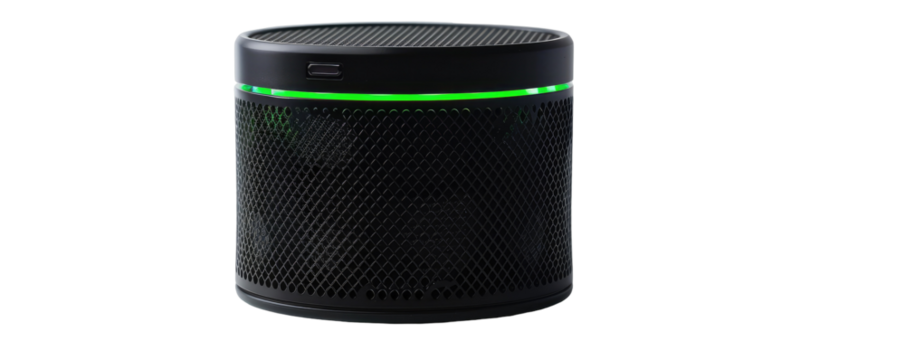Cylindrical black speaker with green ring light