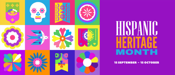 National Hispanic heritage month banner with girl, papel picado, guitar Hispanic and Latino Americans culture, event Celebrate annual october in United States Vector illustration template background