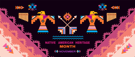 Native American Heritage Month in November Celebrate annual in United States Tradition geometrical ornament pattern. Poster, banner background American Indian culture Vector flat icon illustration © mistletoe