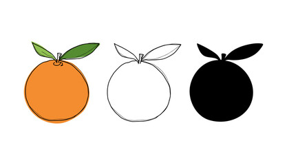 A colored orange with a leaf. Vector illustration with a line, contour, silhouette, hand-drawn, flat design. A set of different versions of modern fruit graphic elements, icons for decoration, design