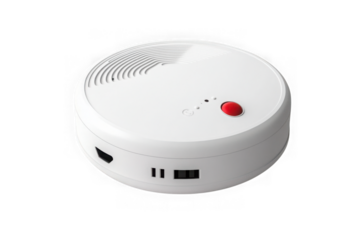 High resolution white smoke detector with red button for fire safety and prevention, home protection and security, isolated on transparent background