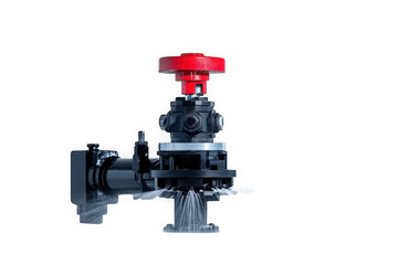 Industrial valve with red handle, black body, and clear base - plumbing, mechanical system component stock photo isolated on transparent background