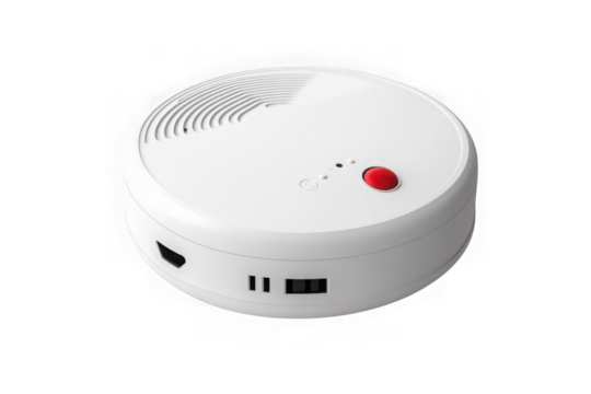 High resolution white smoke detector with red button for fire safety and prevention, home protection and security, isolated on transparent background