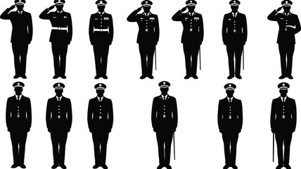 Silhouette of military officers, standing in formation, saluting, formal dress uniform, army and navy ranks, soldier ceremony, disciplined posture, armed forces respect, military vector illustration
