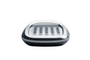 Modern silver soap dish with drainage holes, bathroom accessory, chrome finish, home decor, hygiene product, isolated on transparent background