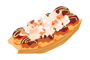 斜め上から見た鰹節をかけたたこ焼きのイラスト　8個