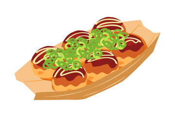 斜め上から見たネギをかけたたこ焼きのイラスト　6個