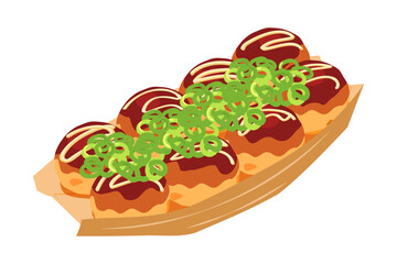 斜め上から見たネギをかけたたこ焼きのイラスト　8個