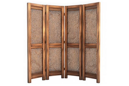 Folding wooden room divider screen with woven panels, privacy partition, decorative accent, interior design element, home decor, png, isolated on transparent background