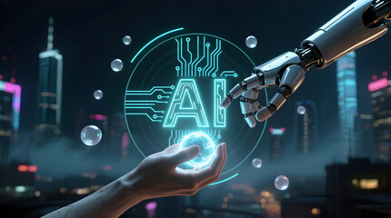 AI and Human Hand Interacting Over Cityscape