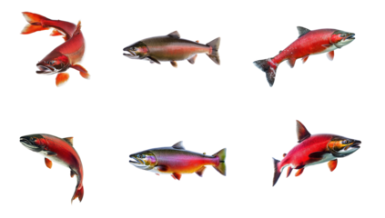 Collection of Salmon evading Swiftly changes direction to avoid predators. full length isolate on transparent background