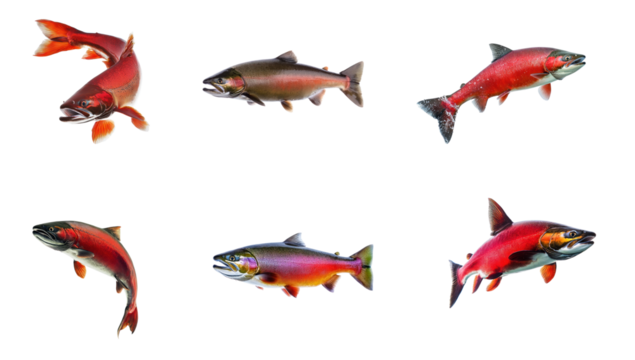 Collection of Salmon evading Swiftly changes direction to avoid predators. full length isolate on transparent background