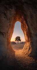 Sunlight streams through a rock arch, illuminating a lone tree on a desert plain