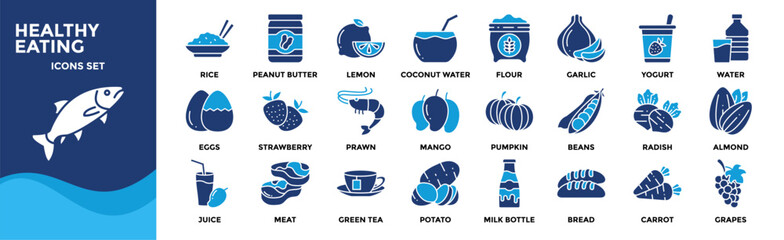 Healthy Eating icon collection set. Containing design Yogurt, Salmon, Almond, Meat, Milk
