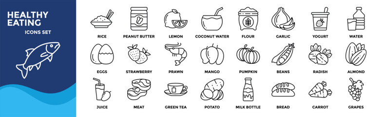 Healthy Eating icon collection set. Containing design Yogurt, Salmon, Almond, Meat, Milk