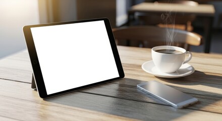 Tablet, Coffee, and Phone on Wooden Table