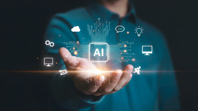 Man presenting AI technology concept with digital icons and circuit board design