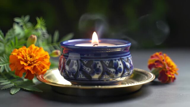 Image is a still life photograph featuring a small, intricately designed blue ceramic bowl with a lit candle inside, placed on a golden saucer. The candle emits a gentle flame and a trail of smoke tha